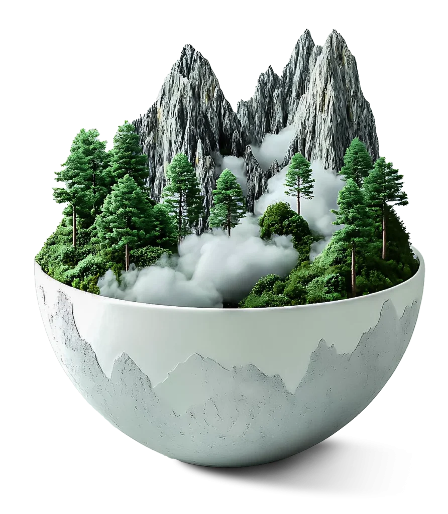 منظره کوهستان و جنگل درون ظرف شیشه‌ای، نماد خلوص و اصالت از دل طبیعت