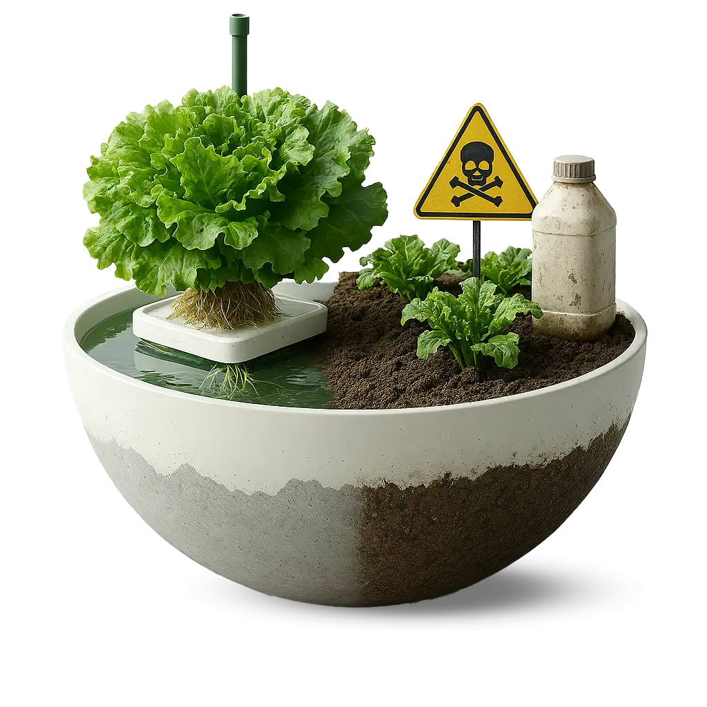 Organic vs. Chemical مزرعه ارگانیک در مقابل مزرعه شیمیایی در کاسه ی سفید نماد تقابل کشاورزی ارگانیک هیدروژن و کشاورزی شیمیایی