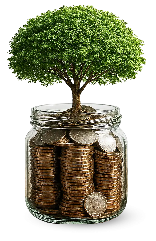 ظرف شیشه ای پر شده از سکه و پول و درختی که بر روی آن سبز شده نماد سرمایه گذاری در برند هیدروژن که حامی طبیعت و سالم است.