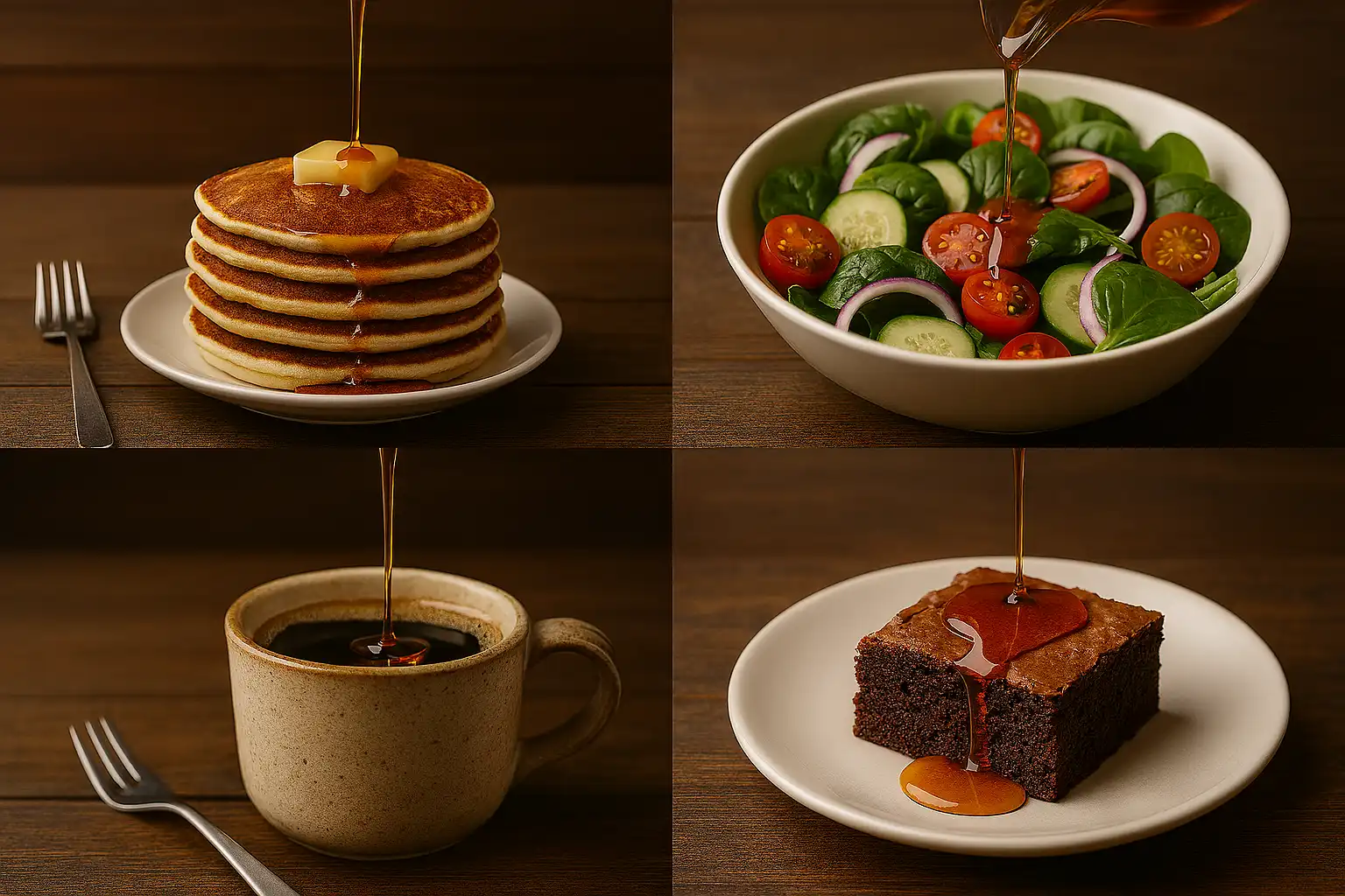 چهار تصویر از کاربردهای شیره‌ی افرا: روی پنکیک، سالاد تازه، قهوه داغ، و براونی شکلاتی