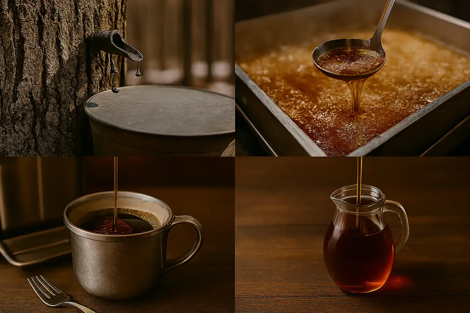 کولاژی از چهار تصویر: گرفتن صمغ از درخت افرا، جوشاندن صمغ در ظرف استیل، صاف کردن شیره با صافی فلزی، و ریختن شیره‌ی نهایی داخل بطری شیشه‌ای