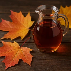 پارچ شیشه‌ای پر از شیره‌ی افرا، قرار گرفته روی سطح چوبی، همراه با برگ‌های افرا در رنگ‌های پاییزی (قرمز، نارنجی، زرد)