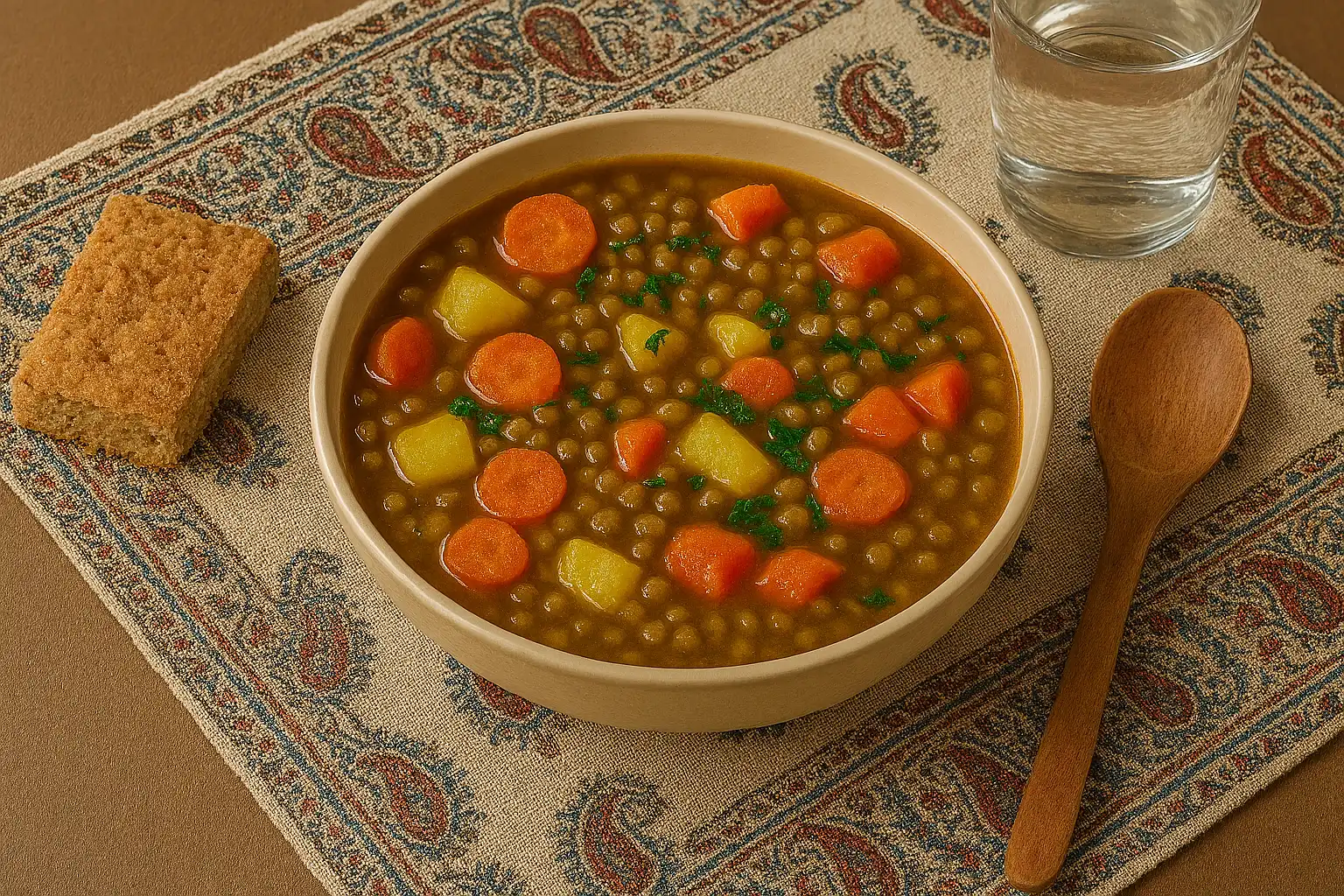 کاسه‌ای از خوراک عدس و سبزیجات روی سفره‌ی سنتی ایرانی، همراه با نان سبوس‌دار، لیوان آب و قاشق چوبی.