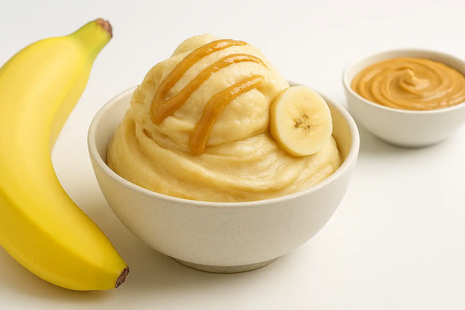 طرز تهیه بستنی موز و بادام‌زمینی در یک کاسه سرامیکی مینیمال با تزئین برش موز و ریزش کره بادام‌زمینی، همراه با موز کامل و کاسه کره بادام‌زمینی در پس‌زمینه سفید و خلوت