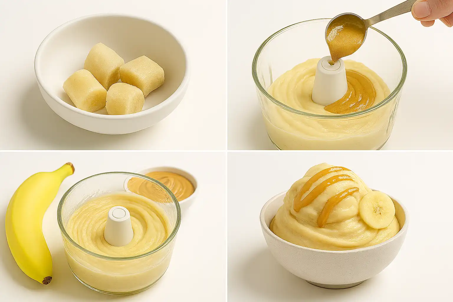 چهار مرحله تهیه بستنی موز و کره بادام‌زمینی: موزهای یخ‌زده، افزودن کره بادام‌زمینی به مخلوط‌کن، ترکیب کرمی آماده‌شده، و سرو نهایی در کاسه مینیمال با تزئین