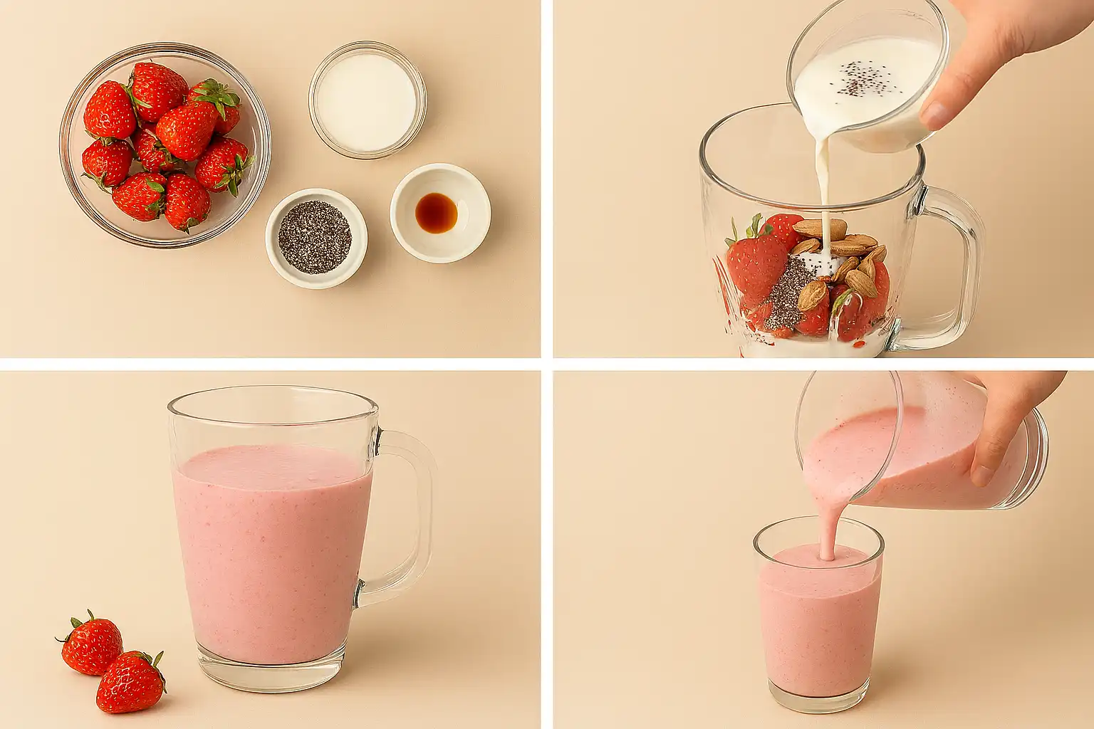 توضیح مراحل تهیه اسموتی بادام و توت فرنگی با مواد ارگانیک